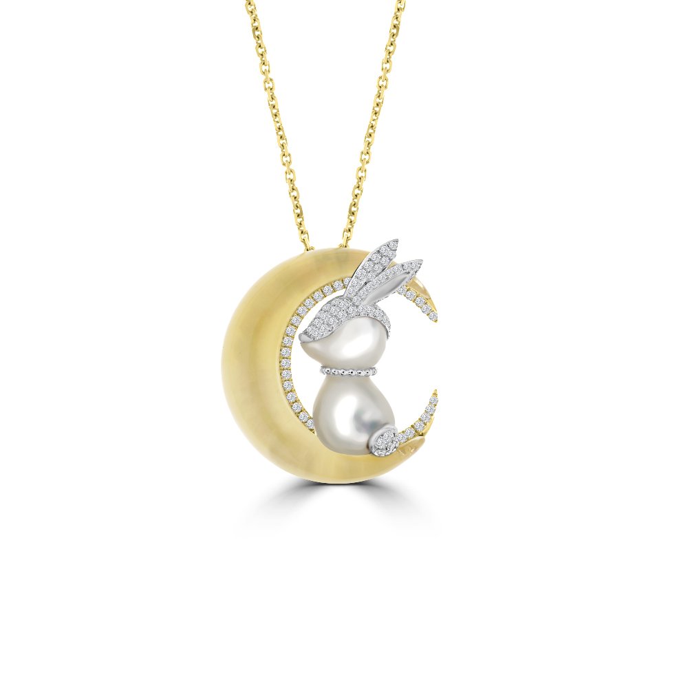 Citrine Mother of Pearl Diamond Moon Bunny Pendant with Chain in 18K White Gold, 18K Yellow Gold
