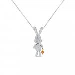 Orange Sapphire Diamond Bunny Pendant with Chain in 18K White Gold, 18K Yellow Gold