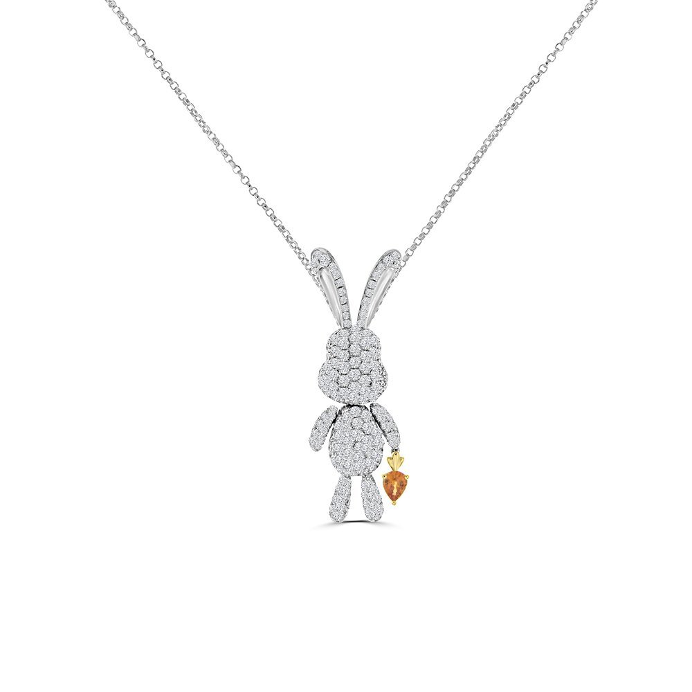 Orange Sapphire Diamond Bunny Pendant with Chain in 18K White Gold, 18K Yellow Gold