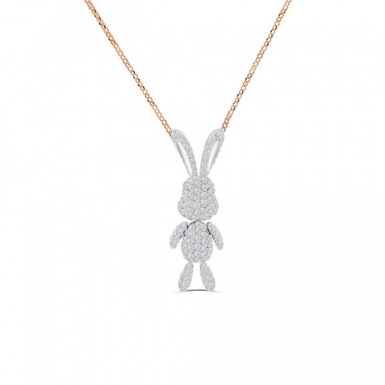 Diamond Bunny Pendant with Chain in 18K White Gold, 18K Rose Gold
