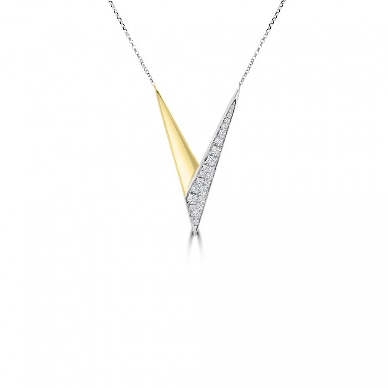Diamond V-Shaped Pendant with Chain in 18K White Gold, 18K Yellow Gold