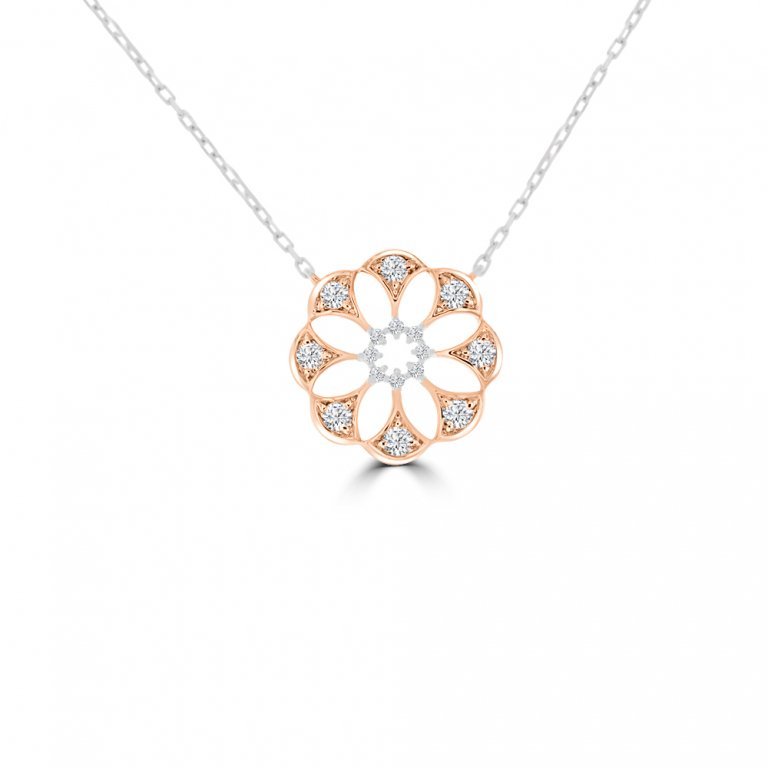 Diamond Floral Openwork Pendant with Chain in 18K White Gold, 18K Rose Gold