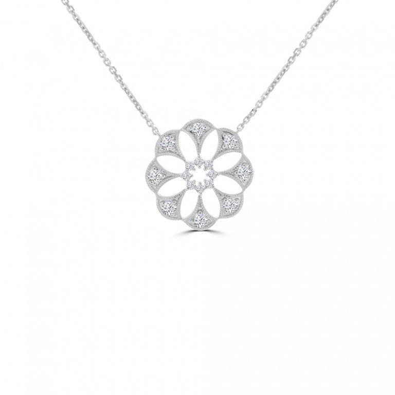 Diamond Floral Openwork Pendant with Chain in 18K White Gold