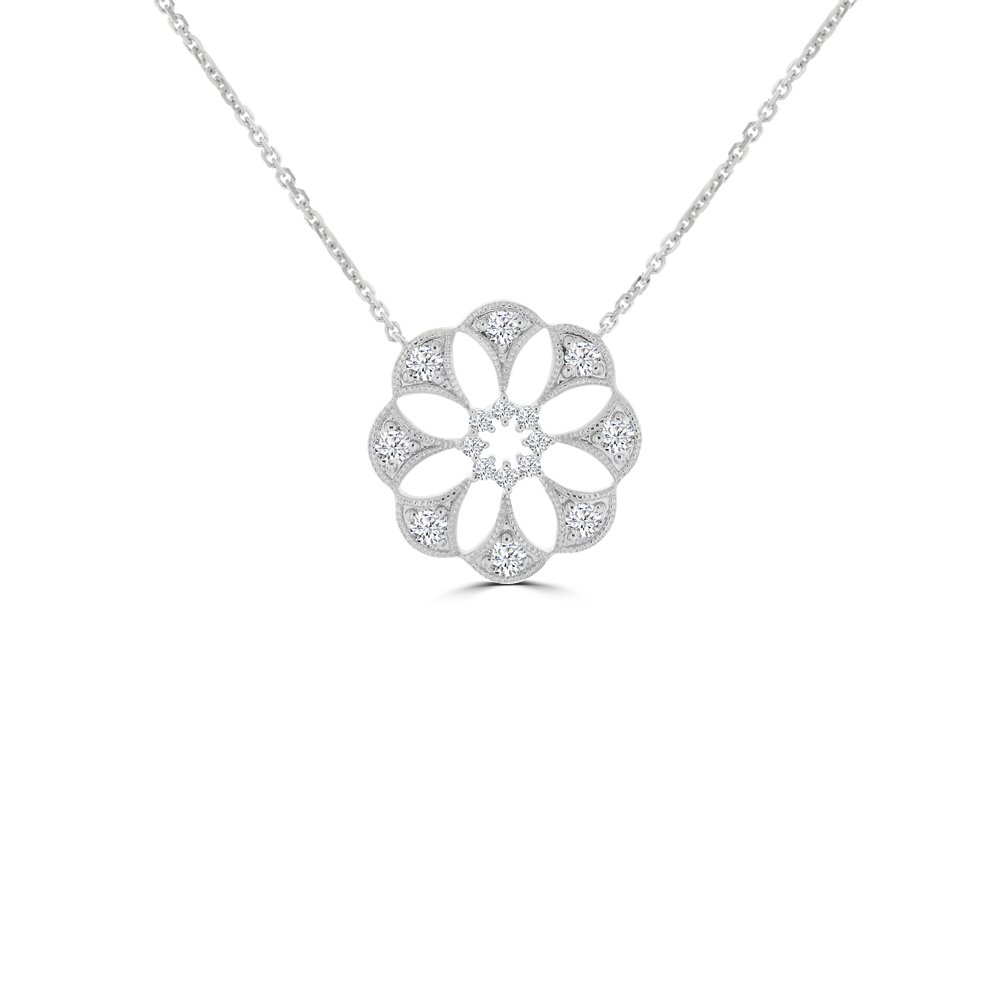 Diamond Floral Openwork Pendant with Chain in 18K White Gold