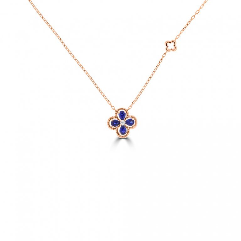 Pear Shaped Sapphire Diamond Flower Pendant with Chain