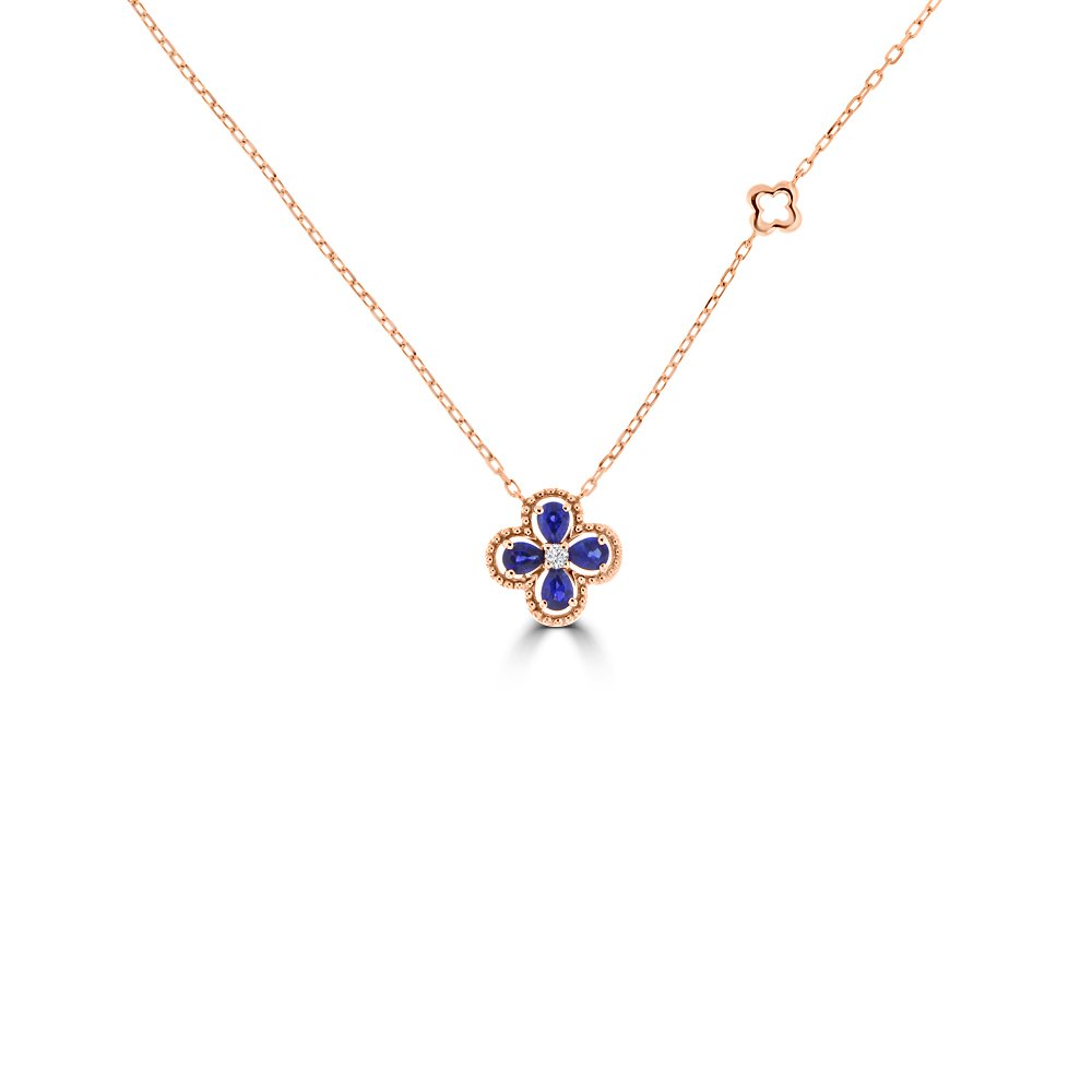 Pear Shaped Sapphire Diamond Flower Pendant with Chain
