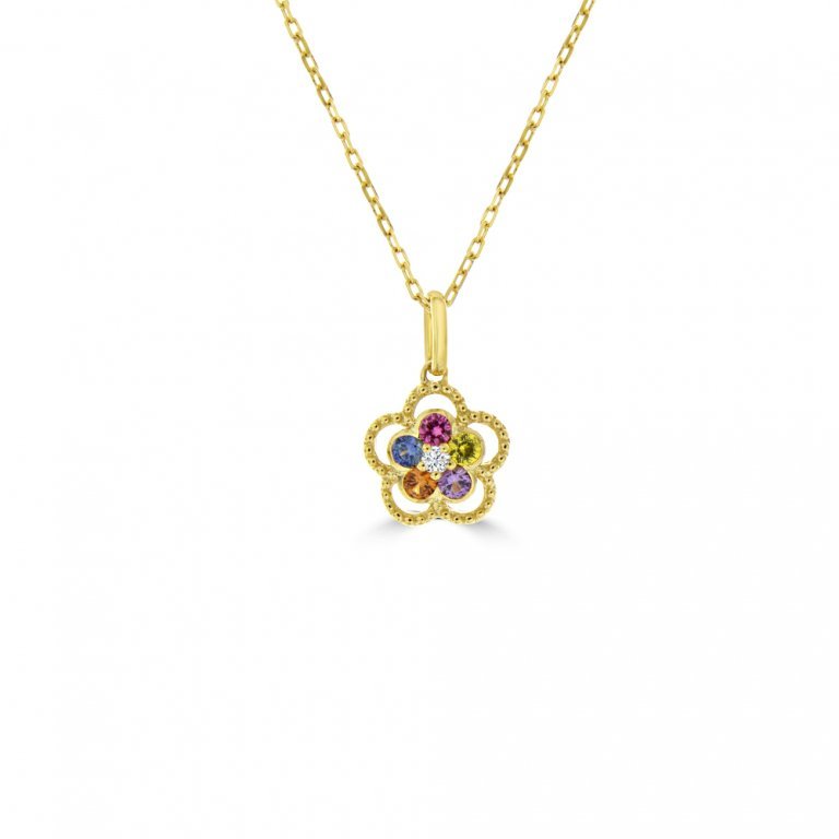 Rainbow Sapphire Diamond Flower Pendant with Chain (S)