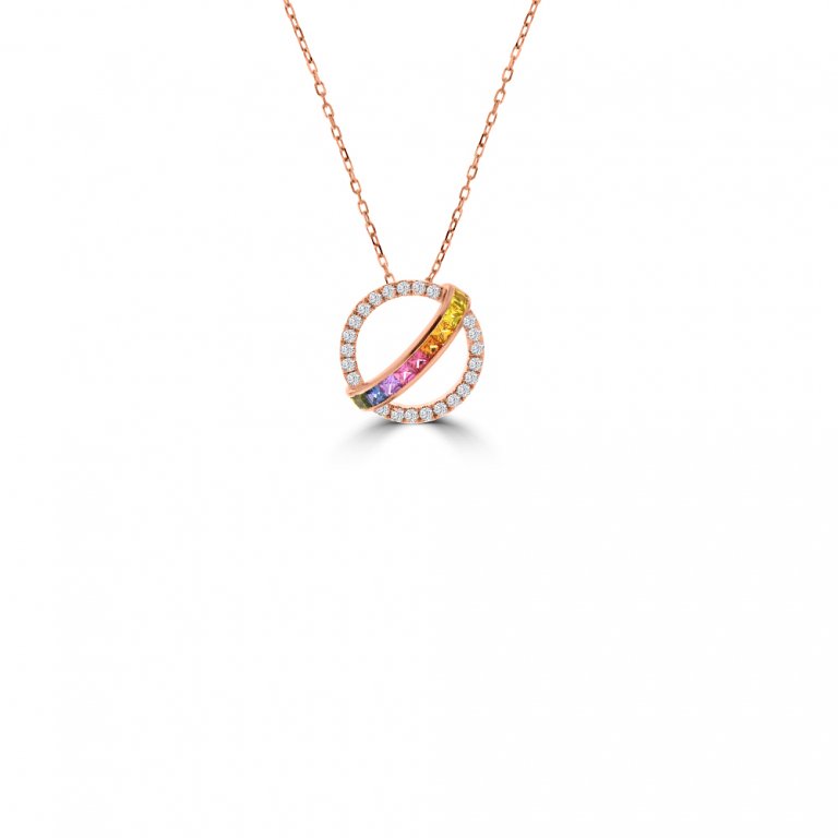 Princess Cut Rainbow Sapphire Diamond Open Circle Pendant with Chain