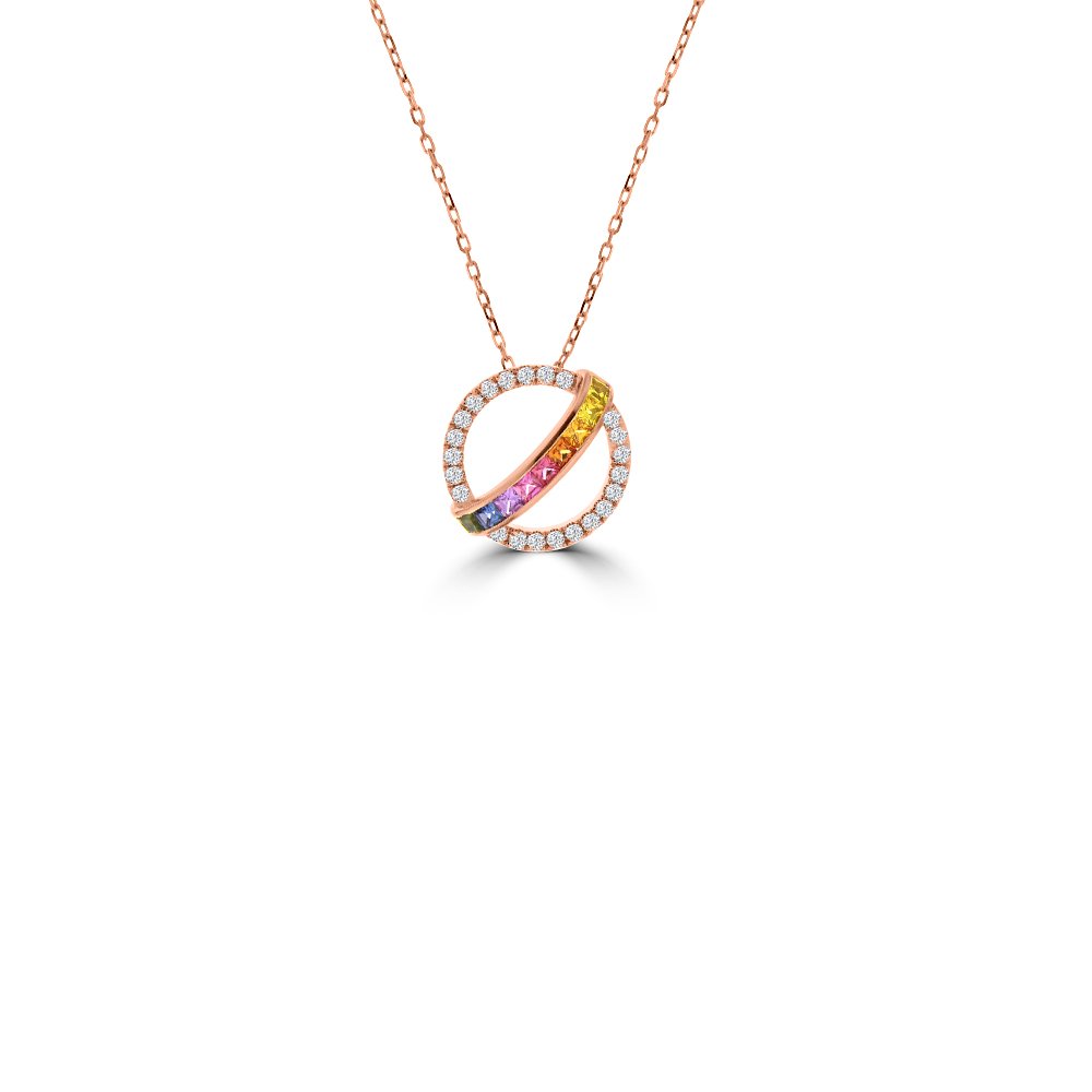 Princess Cut Rainbow Sapphire Diamond Open Circle Pendant with Chain