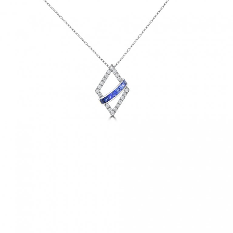 Graduated Princess Cut Sapphire Diamond Rhombus Pendant with Chain