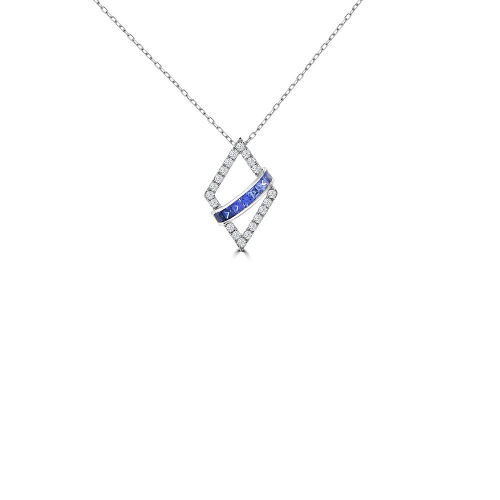 Graduated Princess Cut Sapphire Diamond Rhombus Pendant with Chain