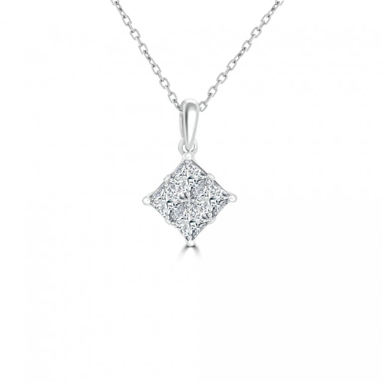 Diamond Princess Cut Cluster Pendant with Chain (M) in 18K White Gold