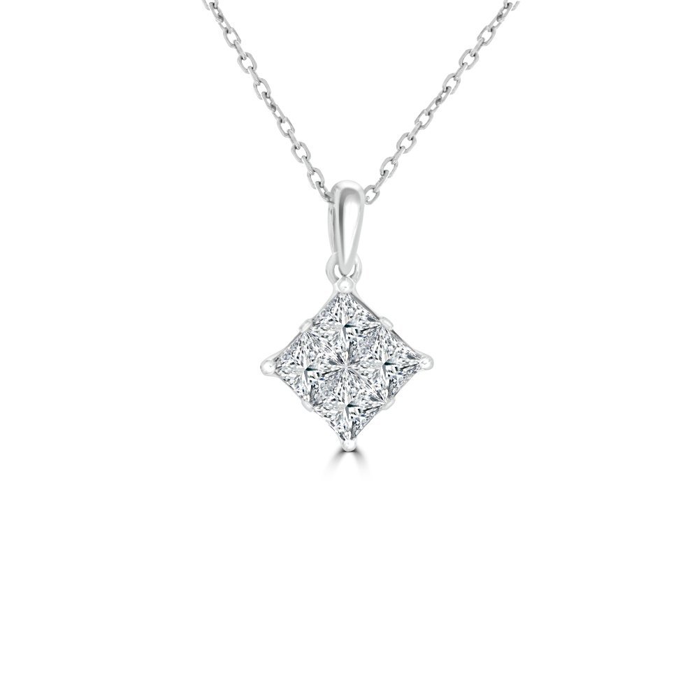 Diamond Princess Cut Cluster Pendant with Chain (M) in 18K White Gold