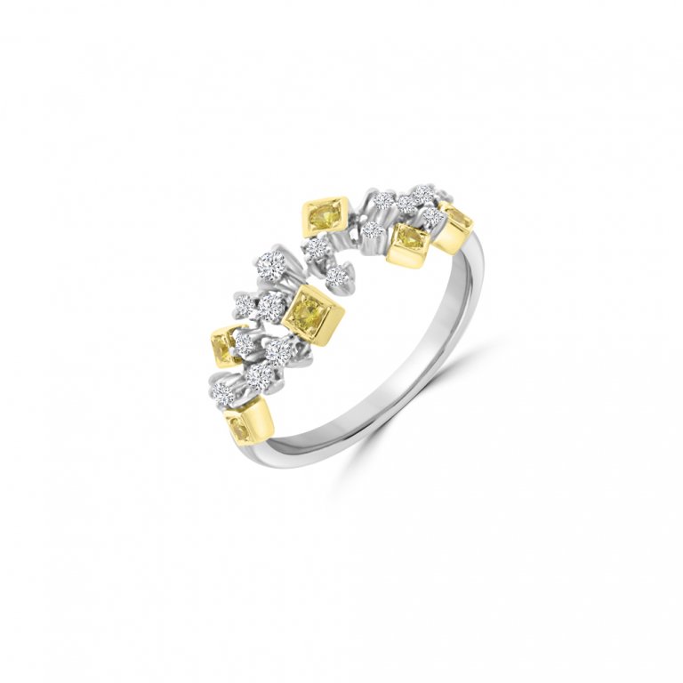 Yellow Sapphire Diamond Cluster Ring in 18K White Gold, 18K Yellow Gold