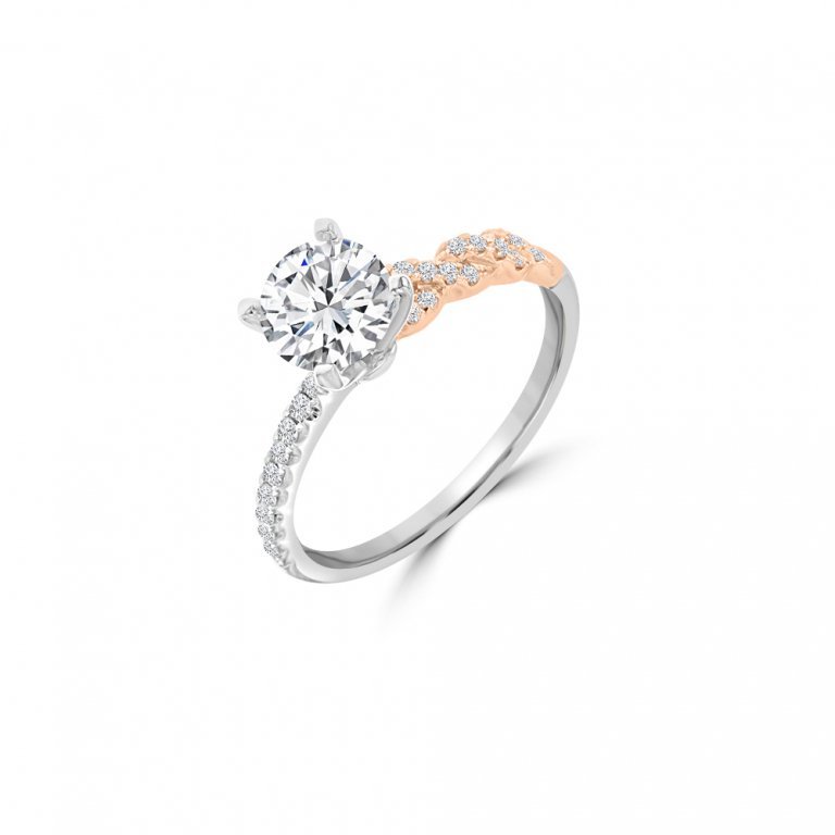 Diamond Asymmetrical Band Engagement Ring in 18K White Gold, 18K Rose Gold