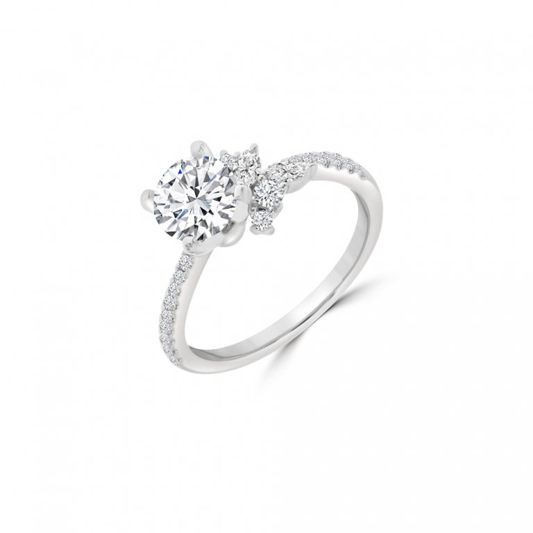 Diamond Asymmetrical Halo Engagement Ring in 18K White Gold