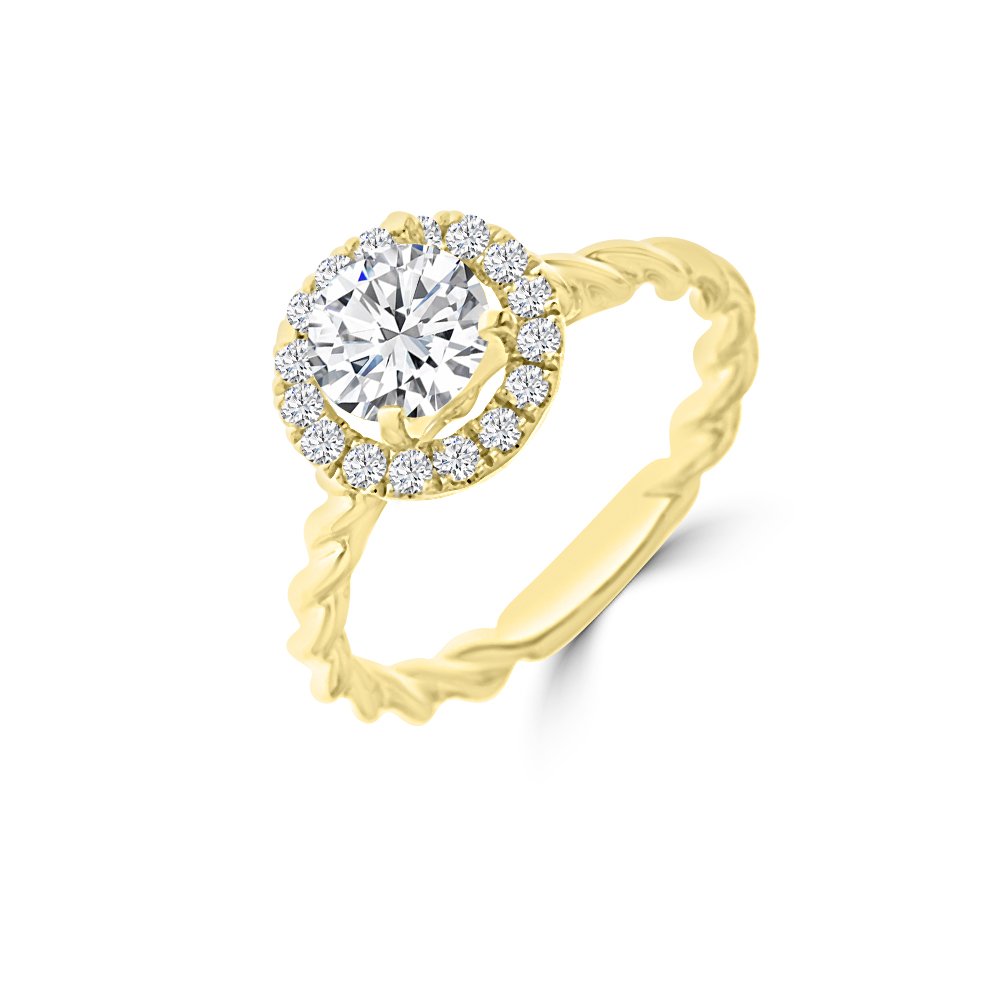 Diamond Halo Plain Gold Twisted Rope Engagement Ring in 18K Yellow Gold