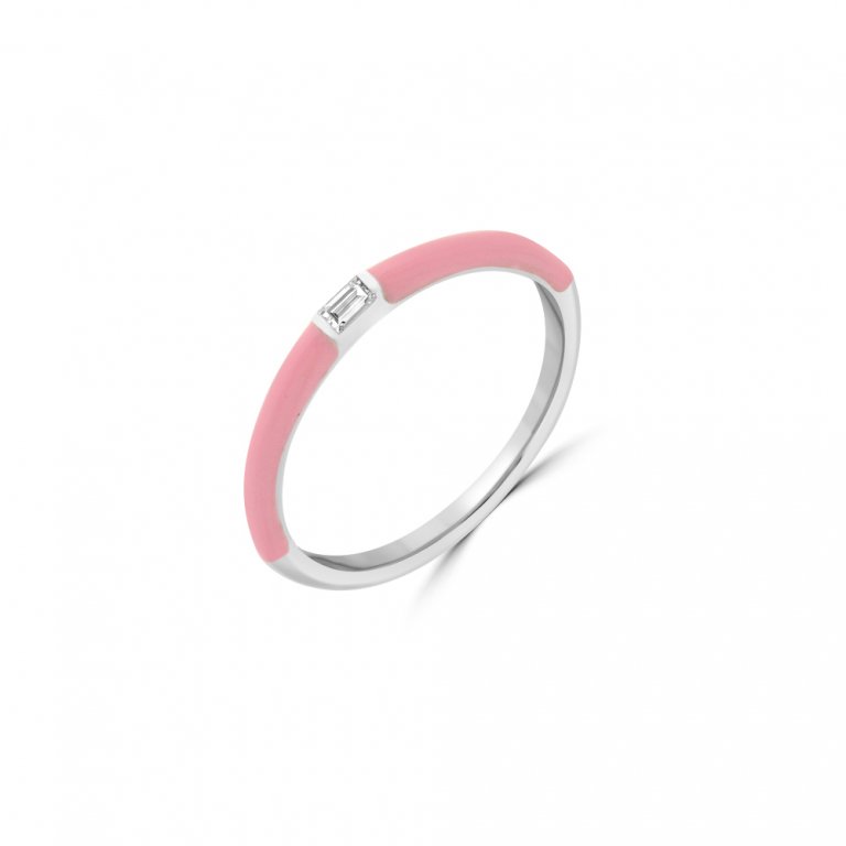 Baguette Diamond Enamel Stackable Ring in 18K White Gold