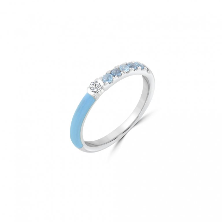 Blue Topaz Diamond Enamel Stackable Ring in 18K White Gold