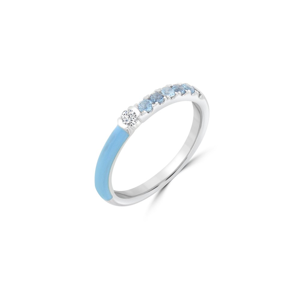 Blue Topaz Diamond Enamel Stackable Ring In 18K White Gold - EJI