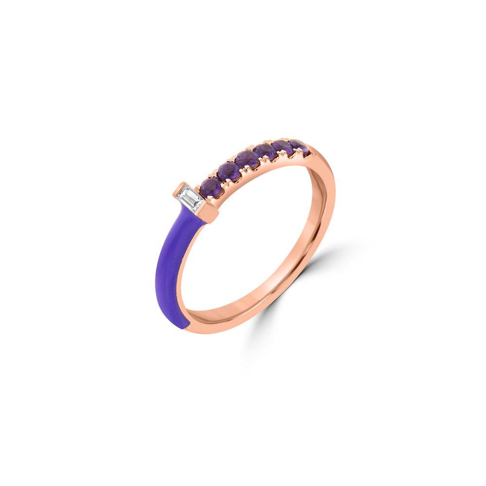 Amethyst Baguette Diamond Enamel Stackable Ring