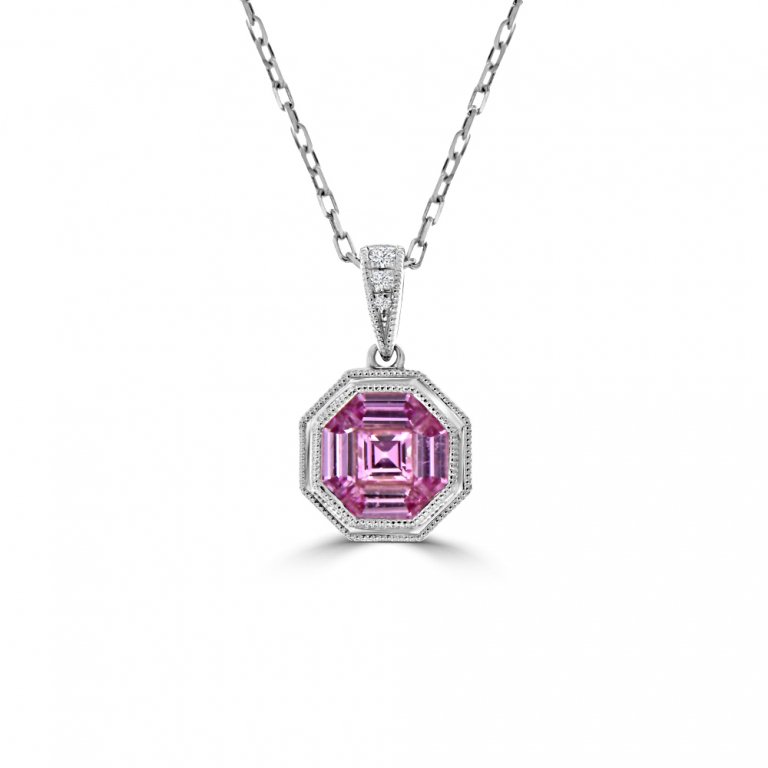 Pizza Cut Pink Sapphire Diamond Halo Drop Pendant with Chain