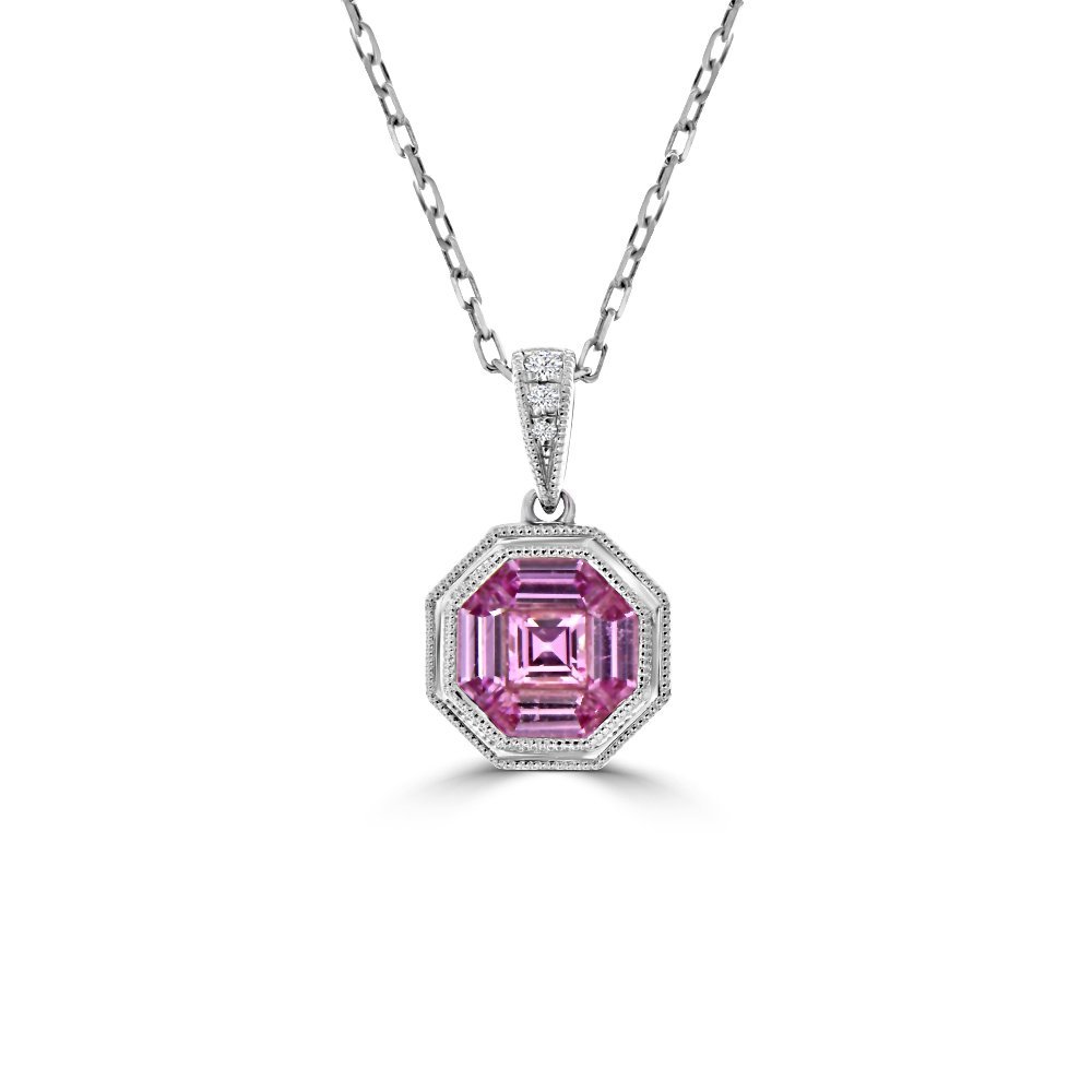 Pizza Cut Pink Sapphire Diamond Halo Drop Pendant with Chain