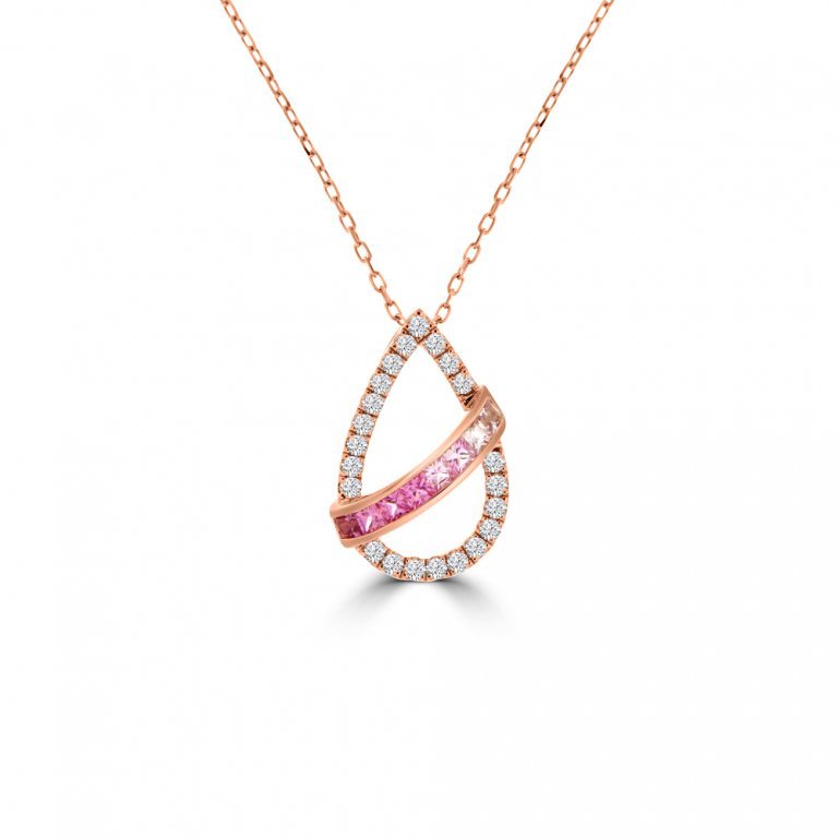 Graduated Princess Cut Pink Sapphire Diamond Pear Drop Pendant with Chain