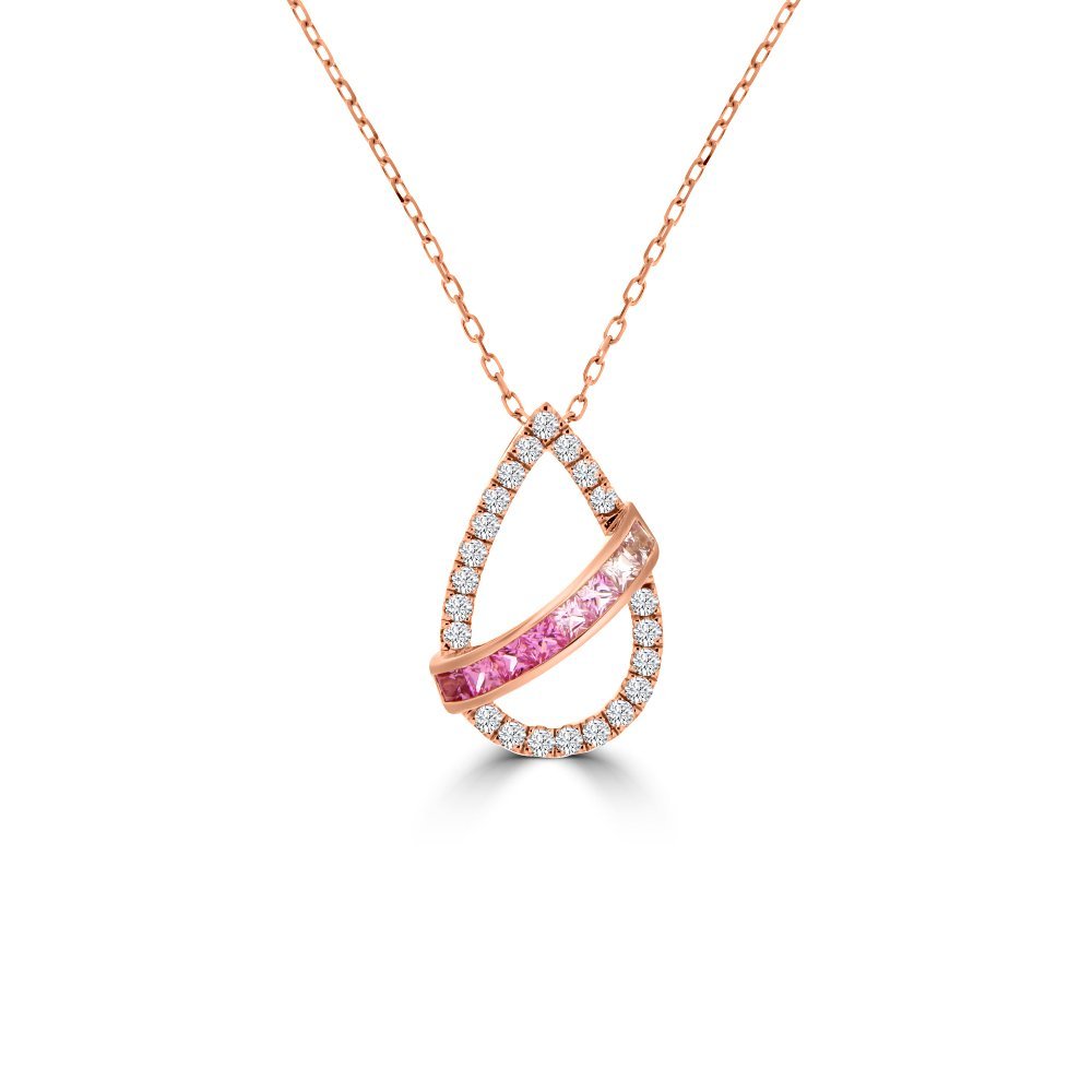 Graduated Princess Cut Pink Sapphire Diamond Pear Drop Pendant with Chain