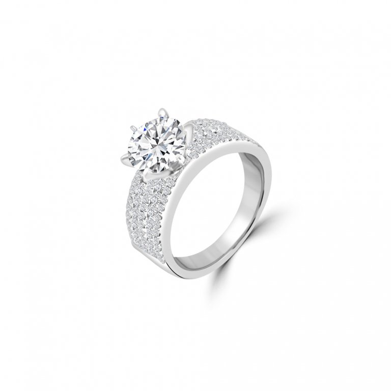 Diamond Pavé Three Row Wide Band Engagement Ring in 18K White Gold