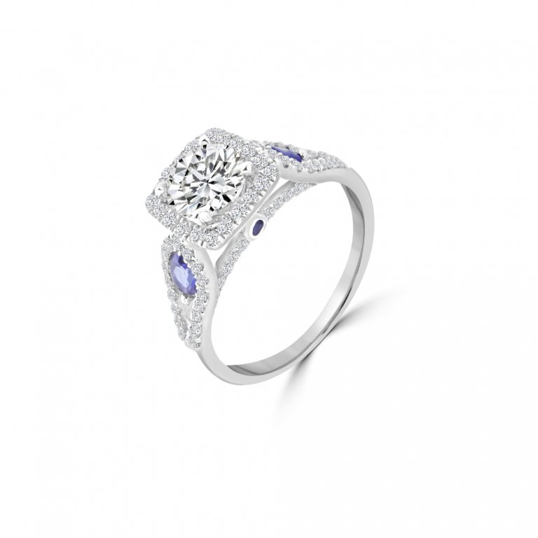 Sapphire Diamond Cushion Halo Engagement Ring in 14K White Gold
