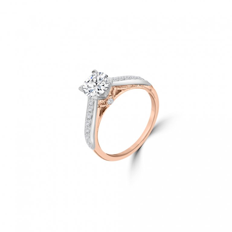 Diamond Engraved Bridge Engagement Ring in 14K White Gold, 14K Rose Gold