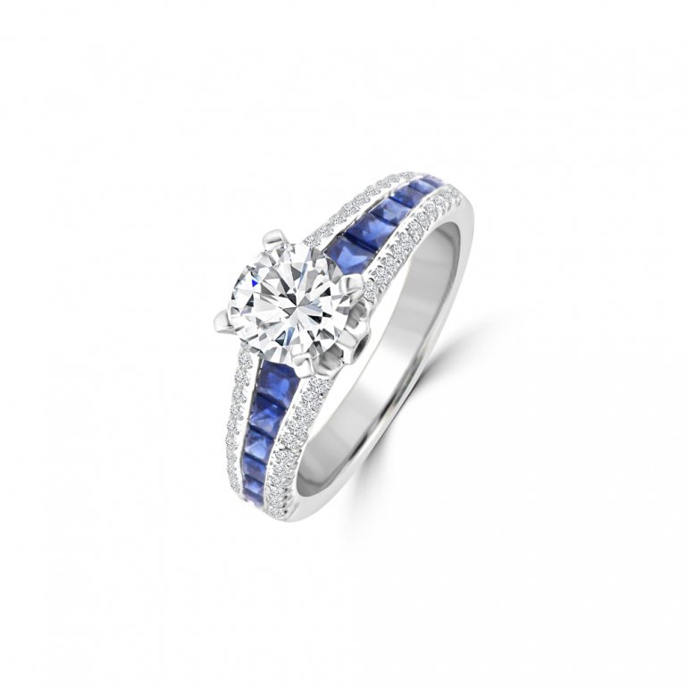 Princess Cut Sapphire Diamond Channel Set Engagement Ring in 14K White Gold