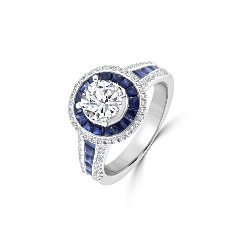 Princess Cut Sapphire Diamond Channel Set Double Halo Engagement Ring