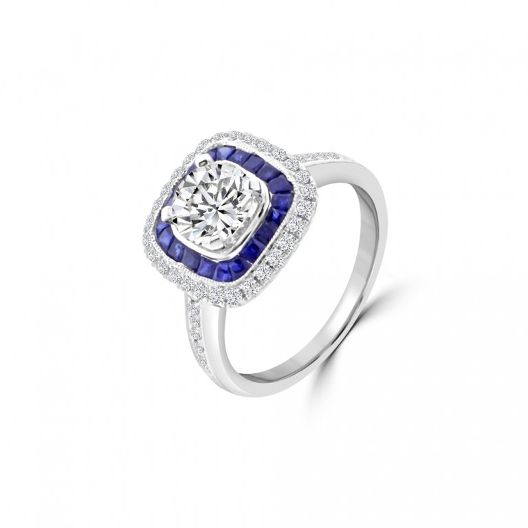 Sapphire Diamond Cushion Double Halo Engagement Ring in 14K White Gold