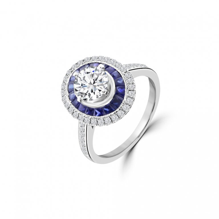 Sapphire Diamond Oval Double Halo Engagement Ring in 14K White Gold