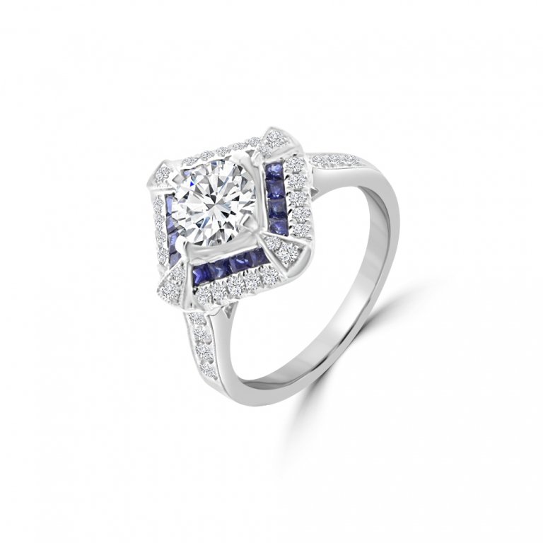 Sapphire Diamond Double Halo Engagement Ring in 14K White Gold