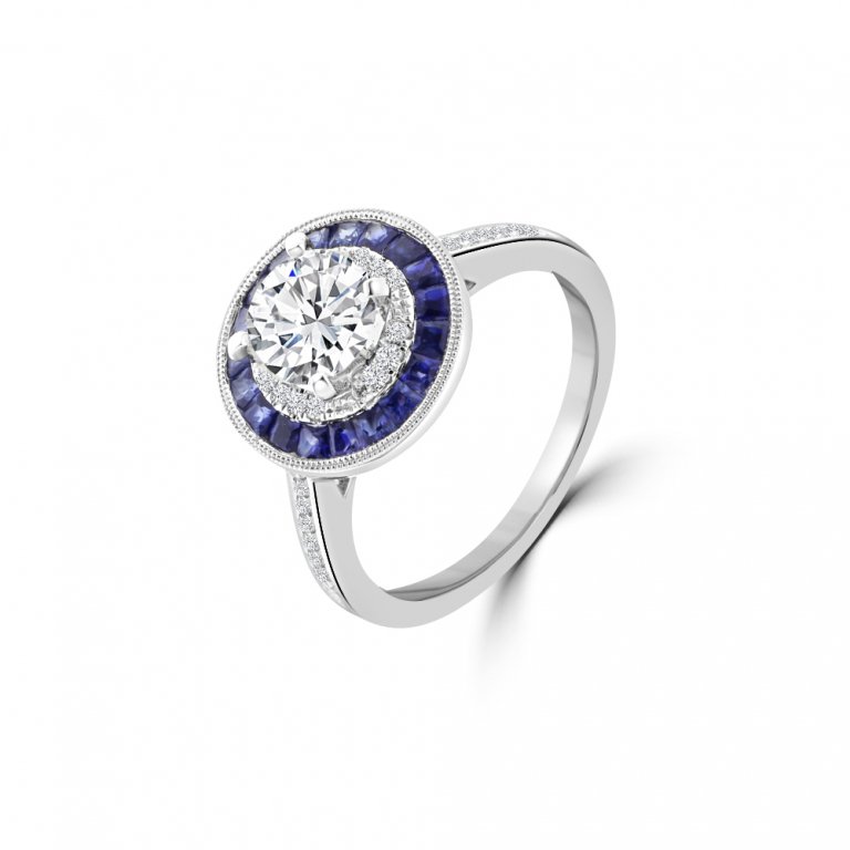 Sapphire Diamond Round Double Halo Engagement Ring in 14K White Gold