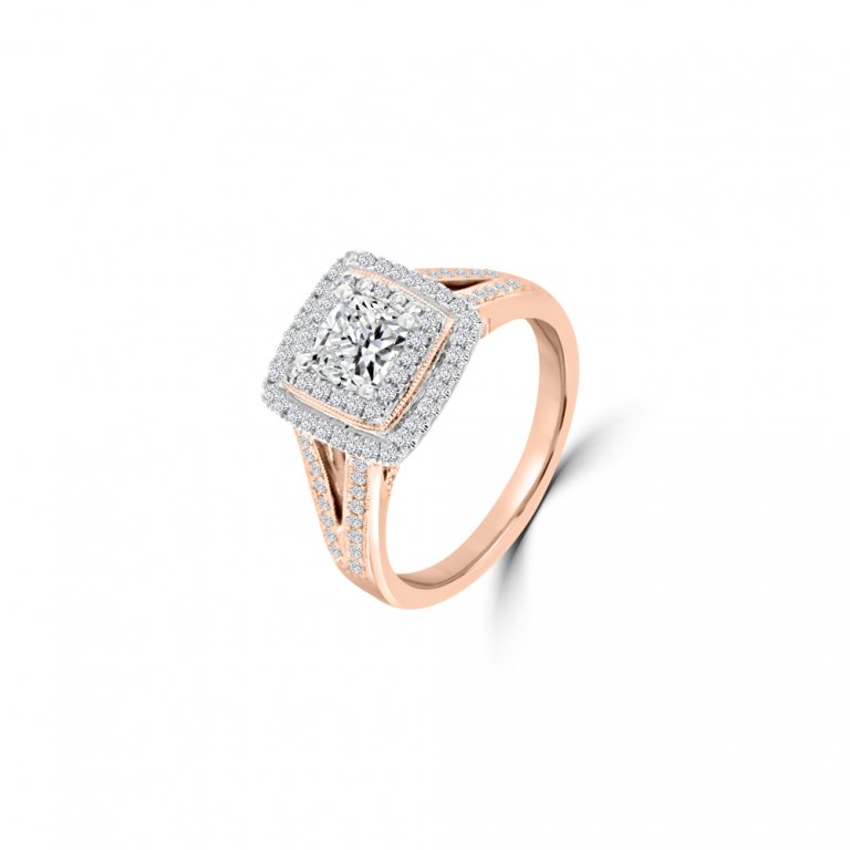 Diamond Cushion Double Halo Split Shank Engagement Ring in 18K Rose Gold, 18K White Gold