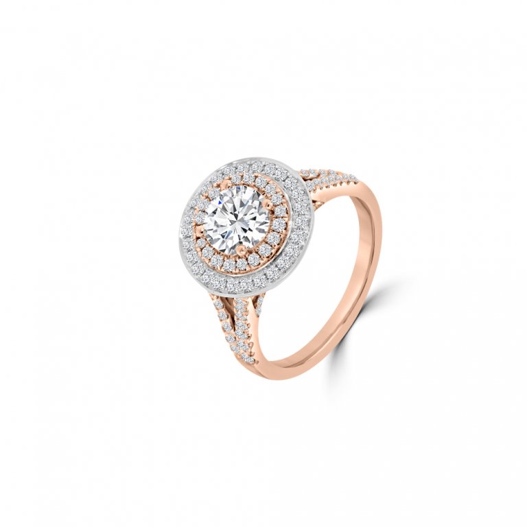 Diamond Double Halo Split Shank Engagement Ring in 18K White Gold, 18K Rose Gold