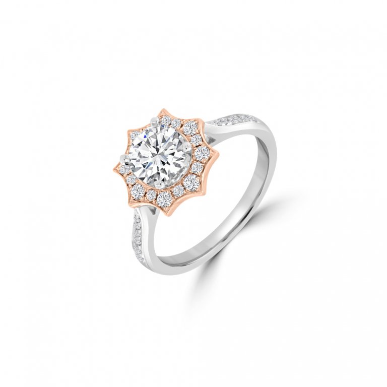 Diamond Sunburst Halo Engagement Ring in 18K White Gold, 18K Rose Gold