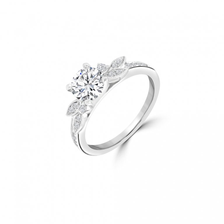 Diamond Pavé Leaves Engagement Ring in 18K White Gold