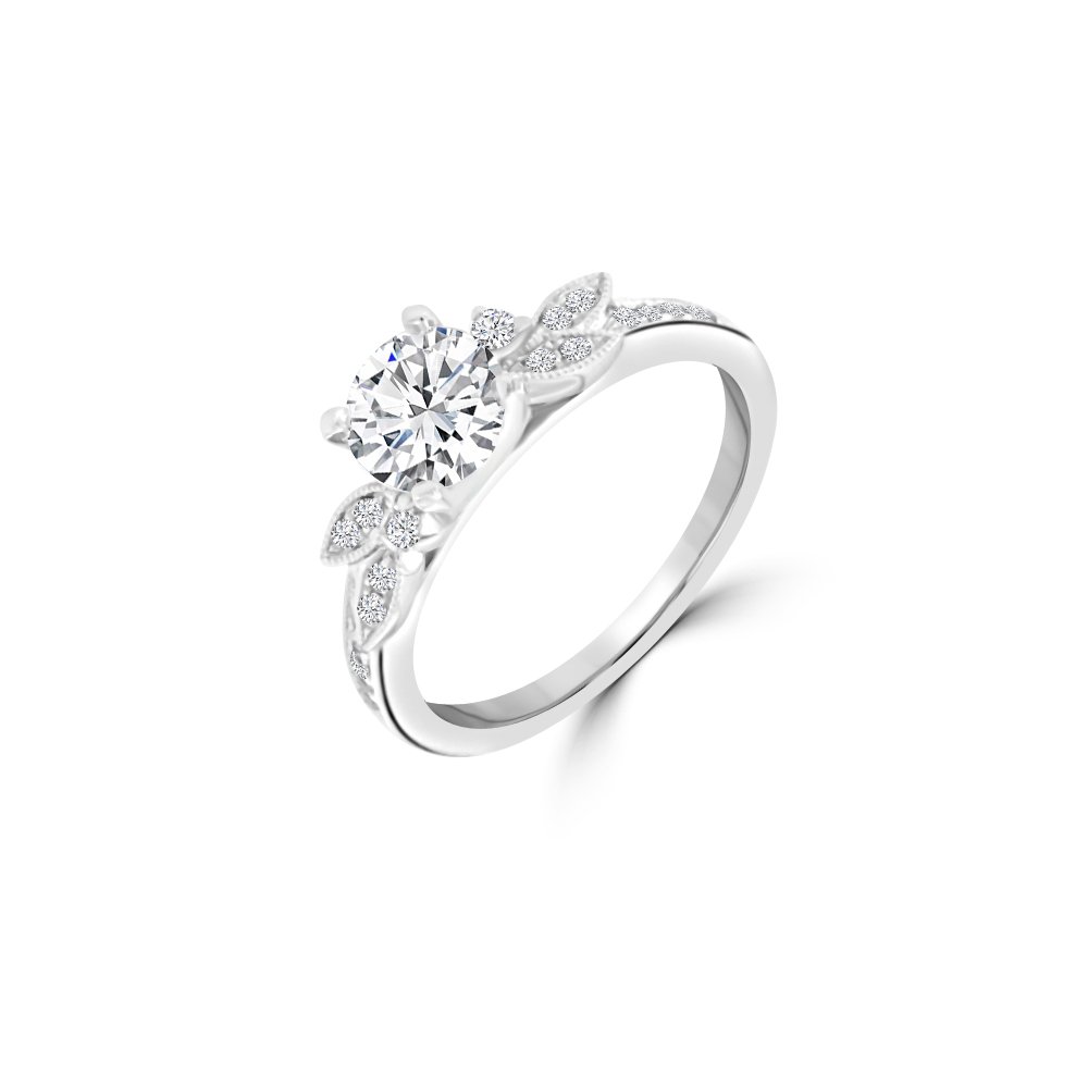 Diamond Pavé Leaves Engagement Ring in 18K White Gold