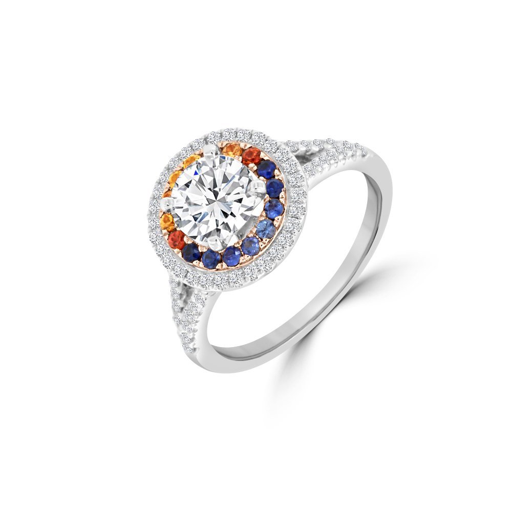 Rainbow Sapphire Diamond Double Halo Engagement Ring