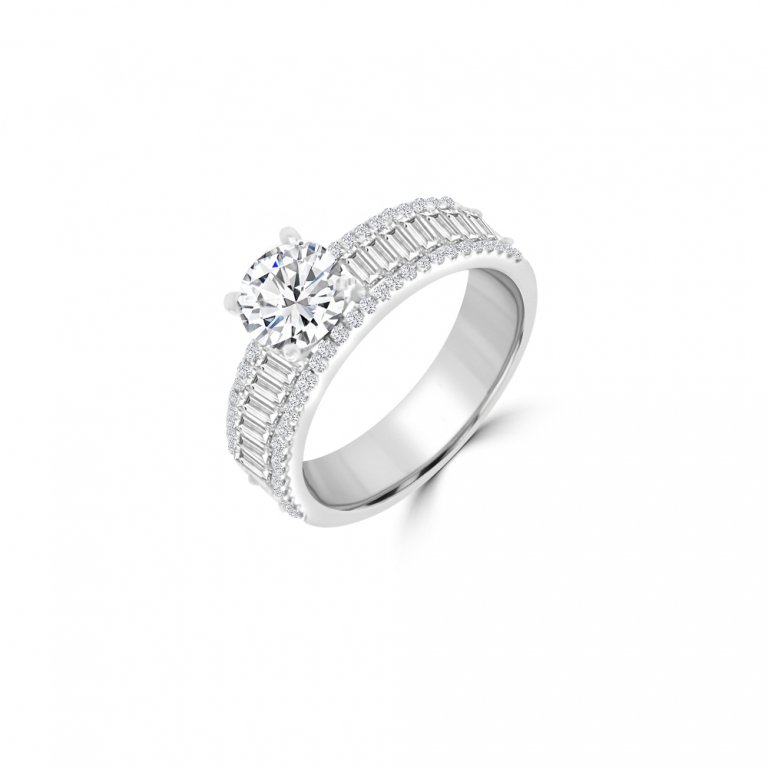 Baguette and Round Diamond Wide Band Engagement Ring in 18K White Gold