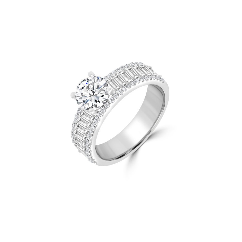 Baguette and Round Diamond Wide Band Engagement Ring in 18K White Gold
