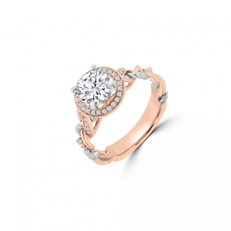 Diamond Halo Twisted Shank Engagement Ring in 14K White Gold, 14K Rose Gold