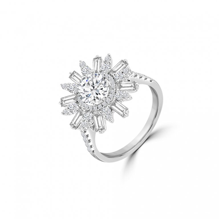 Diamond Starburst Halo Engagement Ring in 18K White Gold