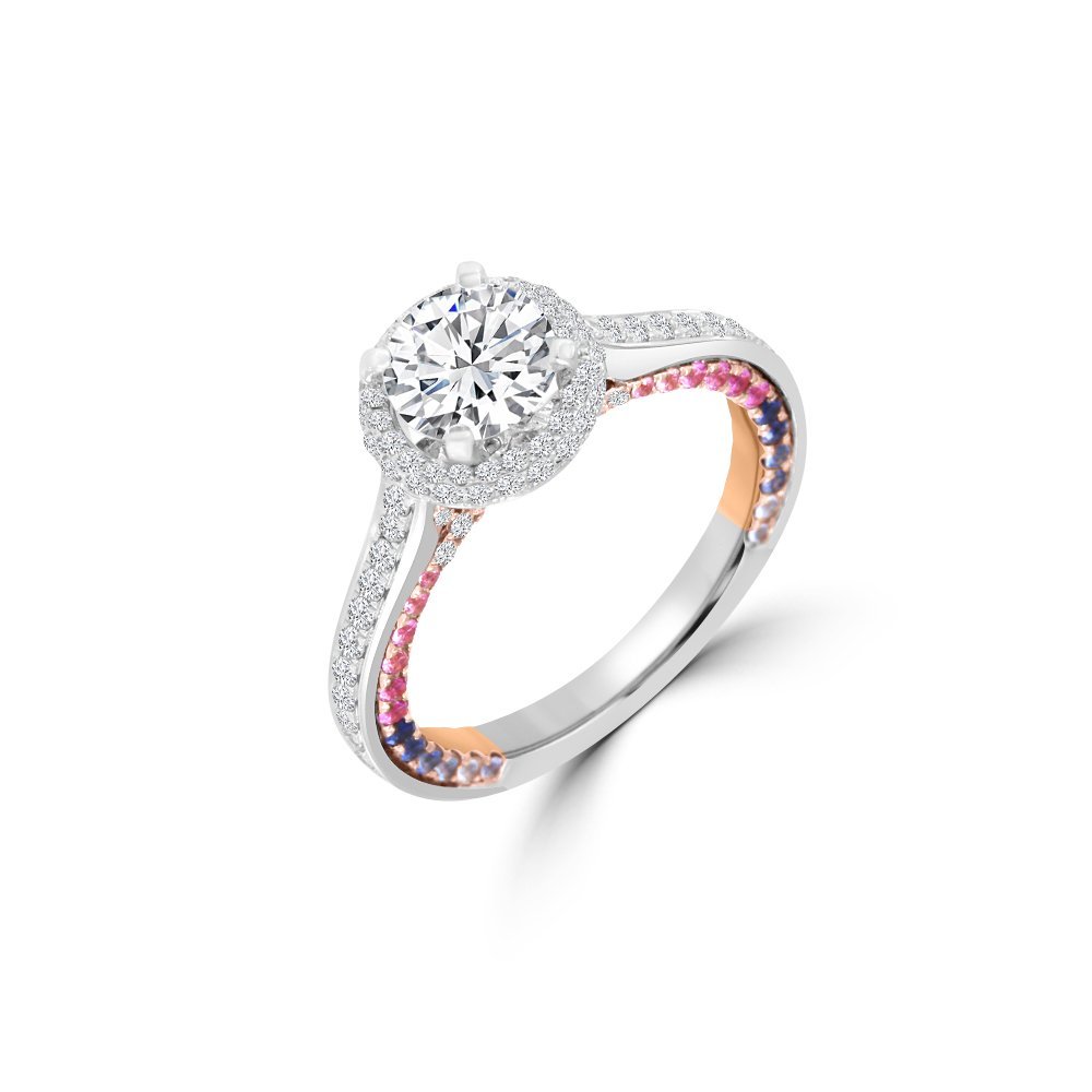 Hidden Rainbow Sapphire Diamond Halo Engagement Ring in 18K White Gold, 18K Rose Gold