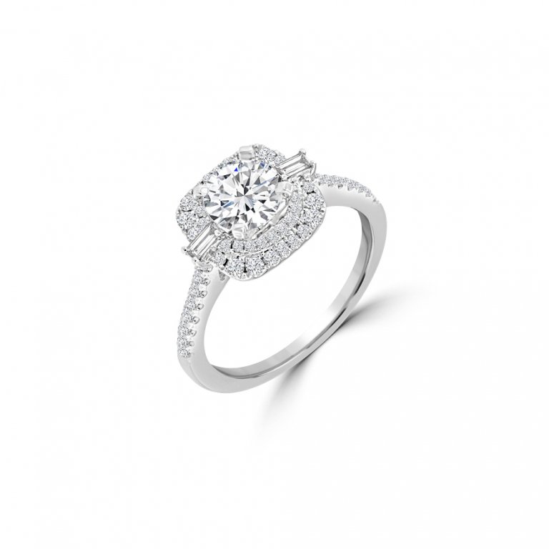 Baguette Diamond Cushion Halo Engagement Ring in 18K White Gold